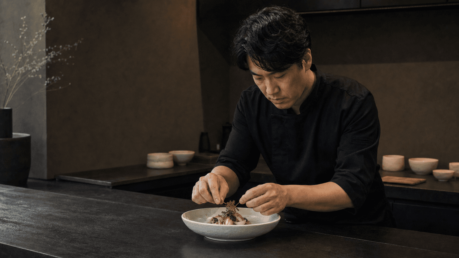 온미의 오픈 키친에서 제철 요리를 준비하는 셰프